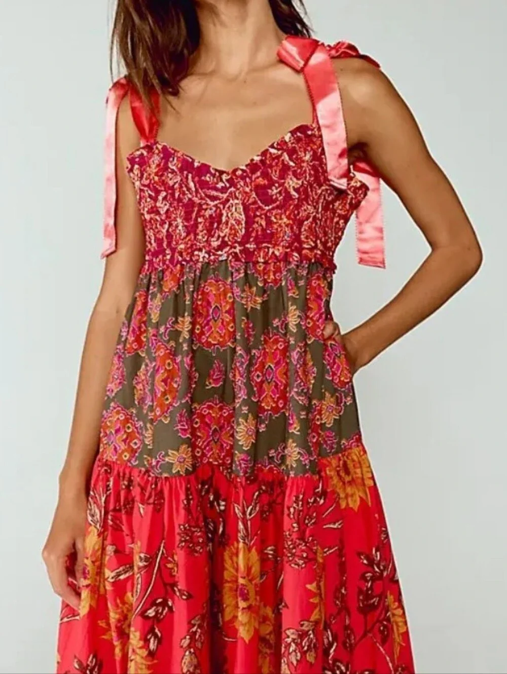 Free People Bluebell Magenta Floral Ribbon Tie Smocked Tiered Boho Maxi Dress